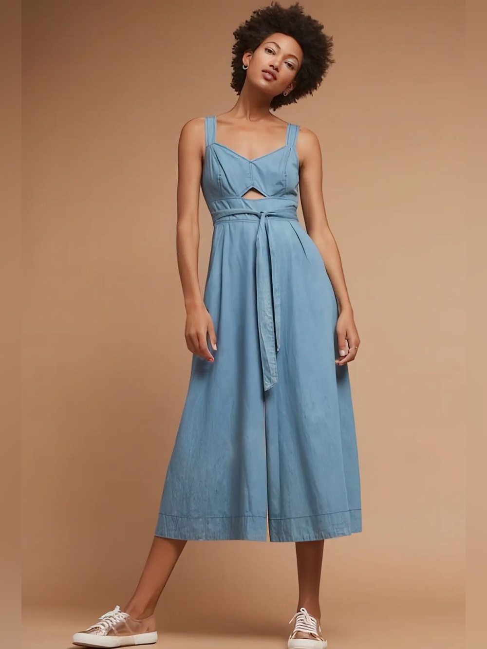 Holding Horses Anthropologie Chambray Wide Leg Jumpsuit Denim Cutout